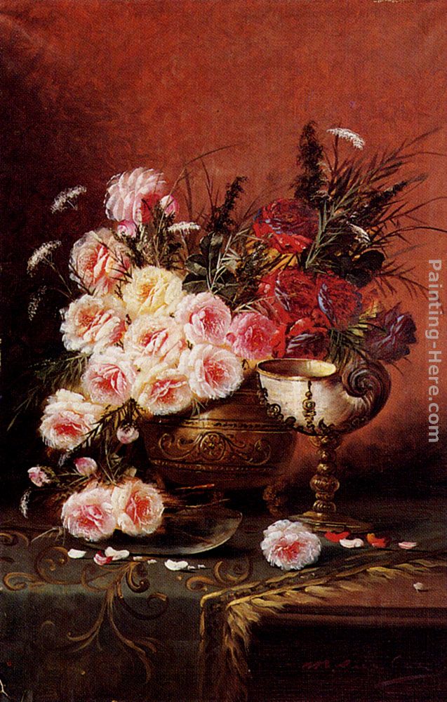 Still Life Of Roses And A Nautilus Cup On A Draped Table painting - Modeste Carlier Still Life Of Roses And A Nautilus Cup On A Draped Table art painting